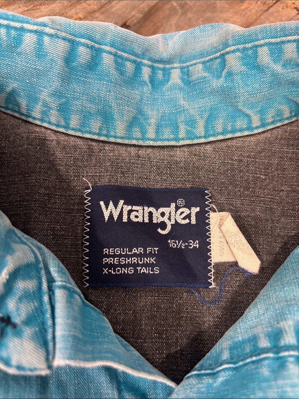 Wrangler TwoTone Denim Western PearlSnap Shirt Black&Turquoise Size 16 1/2 - 34 - Picture 2 of 5